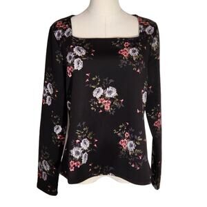 Violets & Roses Black Floral Square Neck Long Sleeve Blouse NWT Women's M